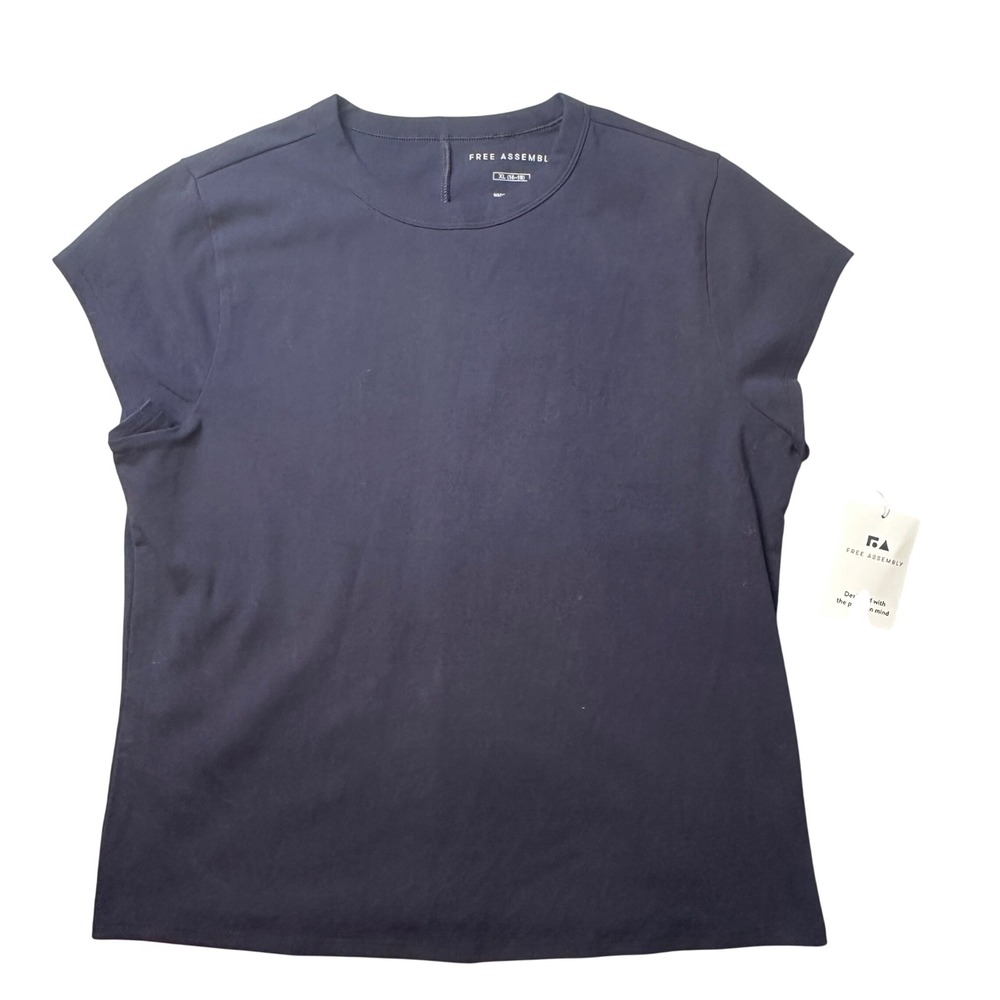 Free Assembly T-Shirt Women XL‎ Navy Blue Cap Sleeve Crew Neck Cotton Blend NEW